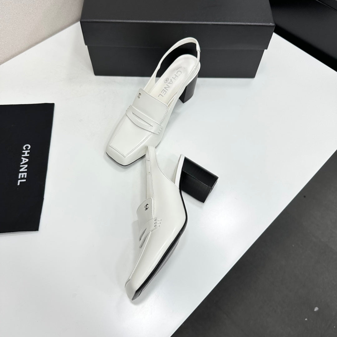 CHANEL 26S SLINGBACK LOAFER PUMPS IN WHITE PATENT CALFSKIN