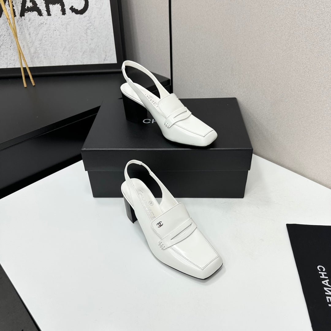 CHANEL 26S SLINGBACK LOAFER PUMPS IN WHITE PATENT CALFSKIN