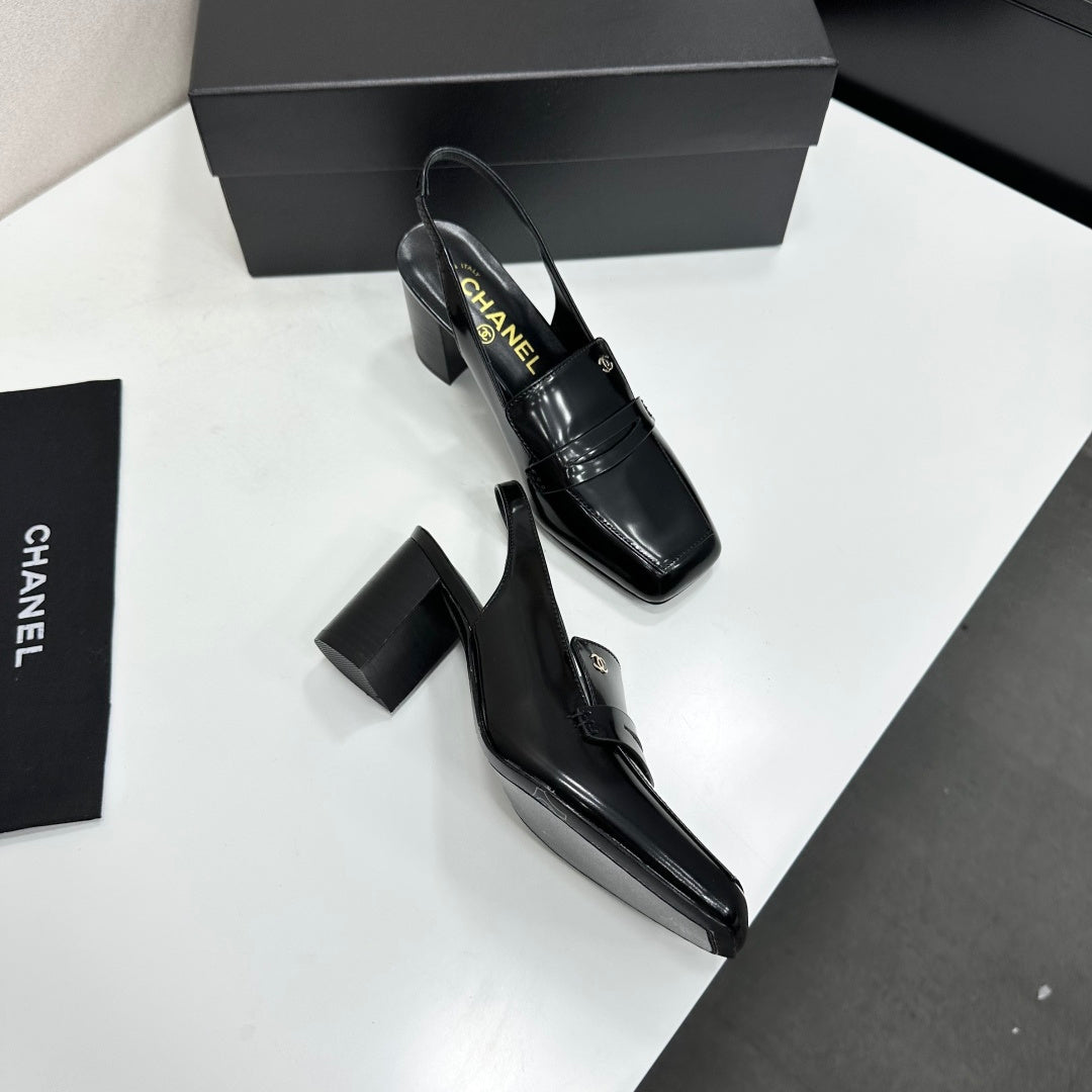 CHANEL 26S SLINGBACK LOAFER PUMPS IN BLACK PATENT CALFSKIN