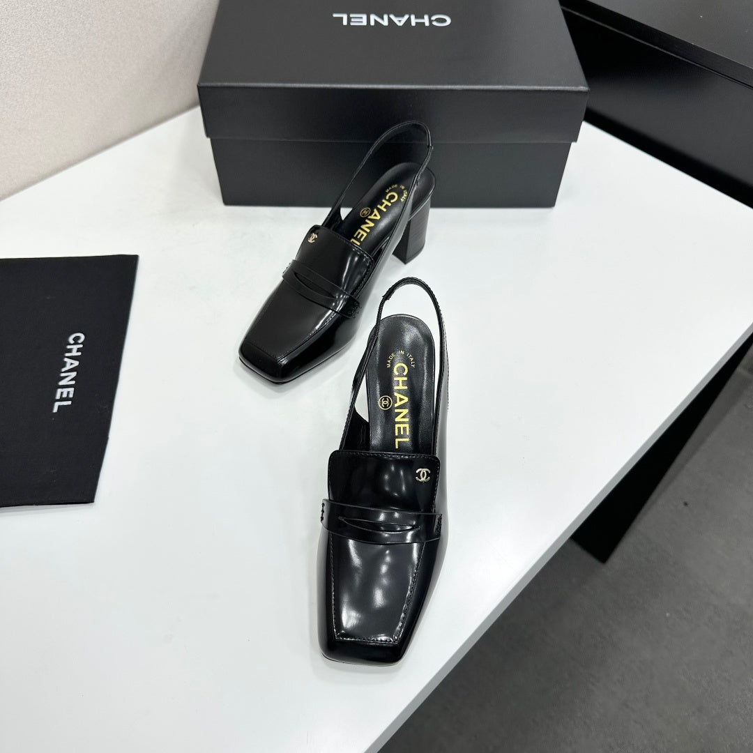 CHANEL 26S SLINGBACK LOAFER PUMPS IN BLACK PATENT CALFSKIN