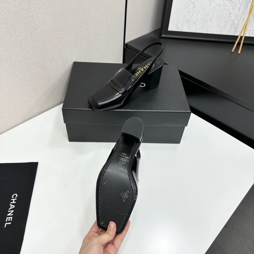 CHANEL 26S SLINGBACK LOAFER PUMPS IN BLACK PATENT CALFSKIN