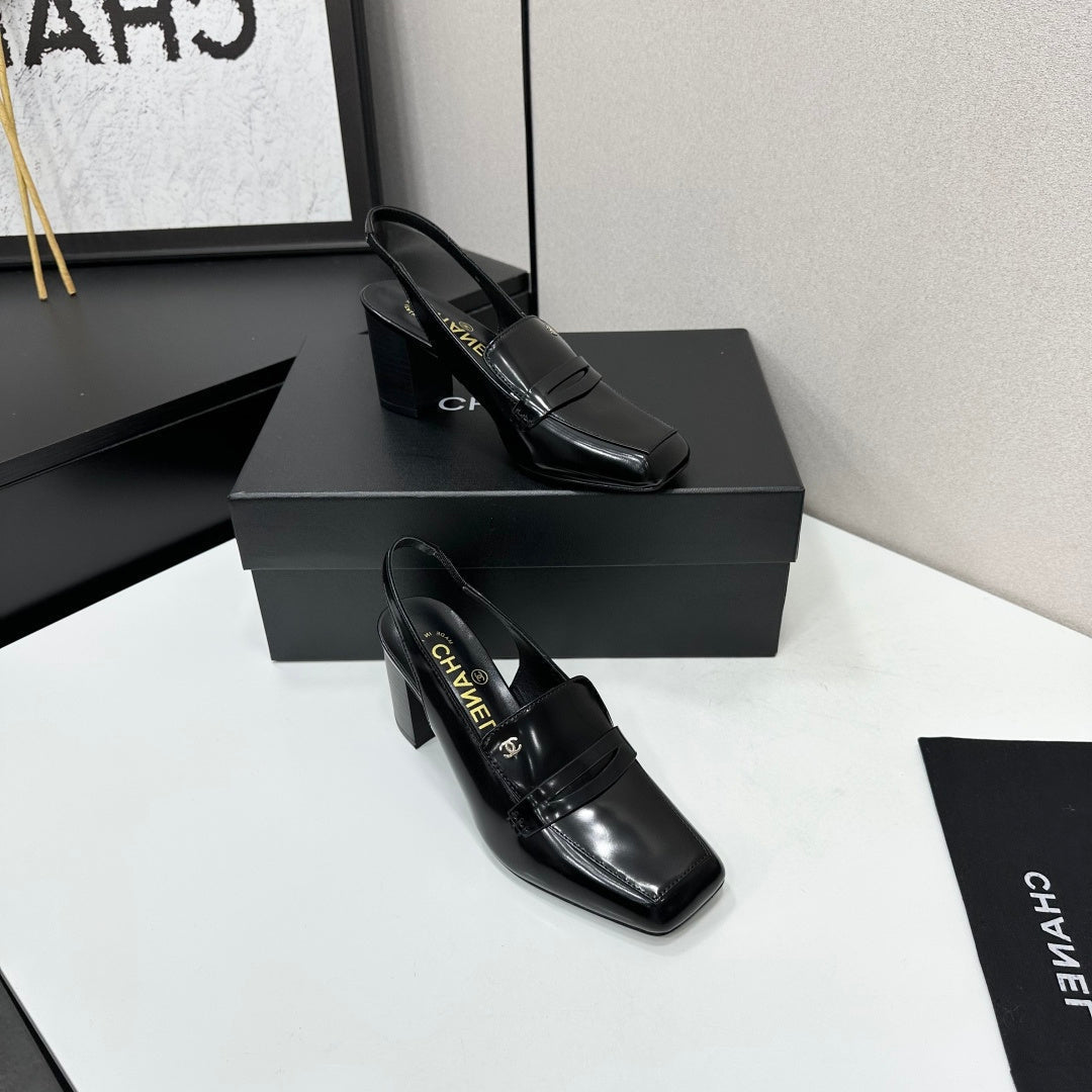 CHANEL 26S SLINGBACK LOAFER PUMPS IN BLACK PATENT CALFSKIN