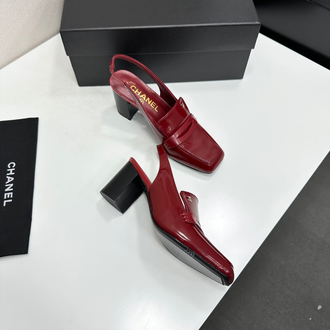 CHANEL 26S SLINGBACK LOAFER PUMPS IN DARK RED PATENT CALFSKIN