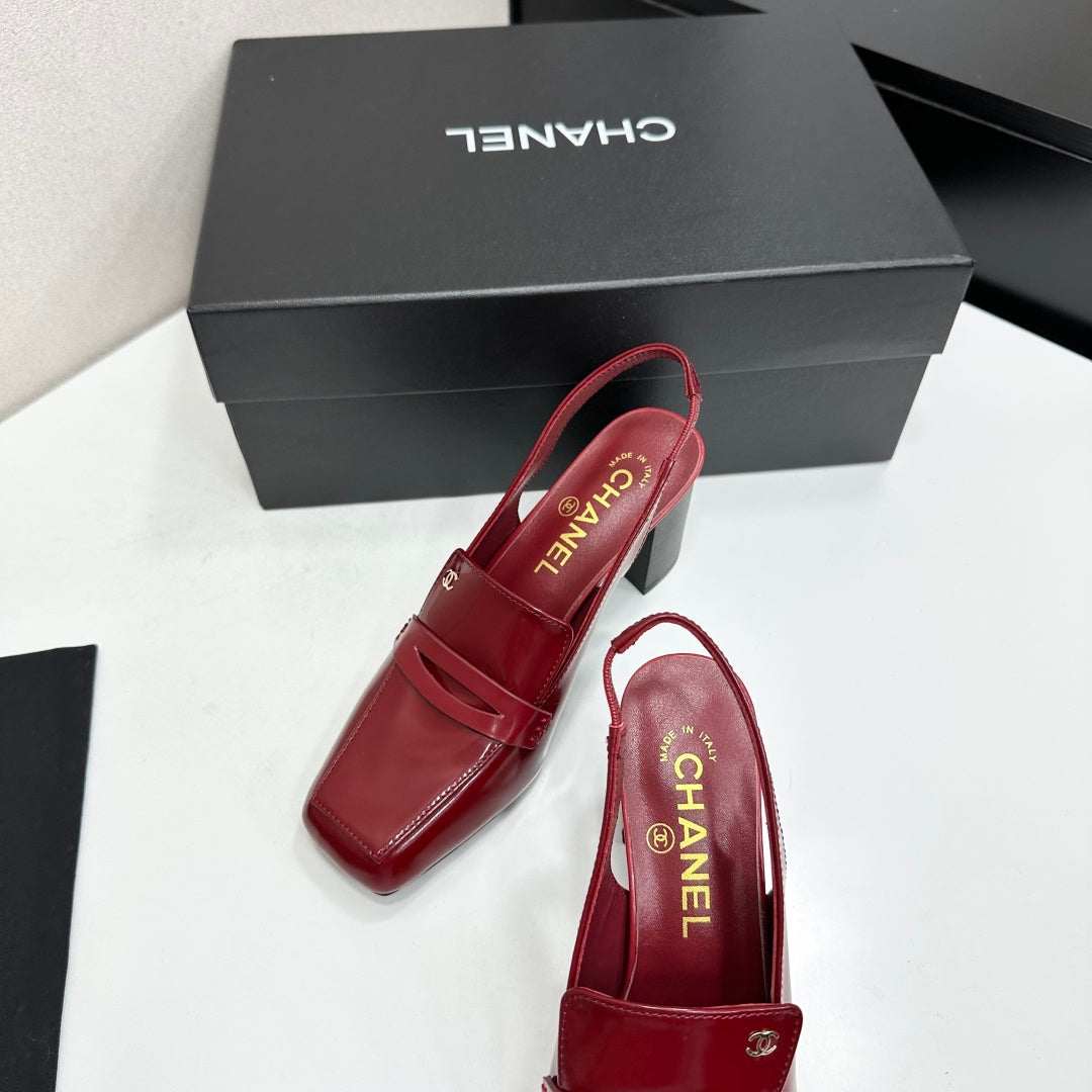 CHANEL 26S SLINGBACK LOAFER PUMPS IN DARK RED PATENT CALFSKIN