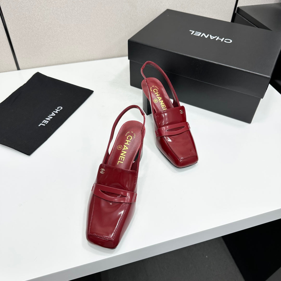 CHANEL 26S SLINGBACK LOAFER PUMPS IN DARK RED PATENT CALFSKIN