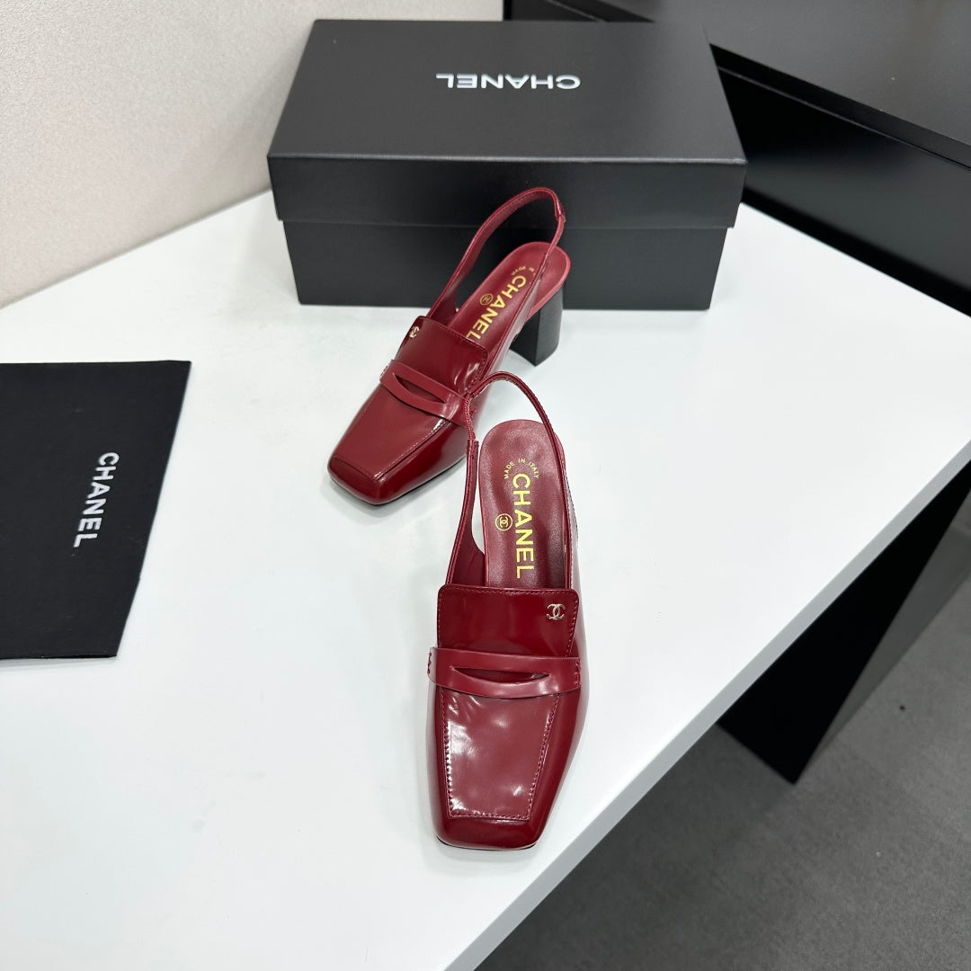 CHANEL 26S SLINGBACK LOAFER PUMPS IN DARK RED PATENT CALFSKIN
