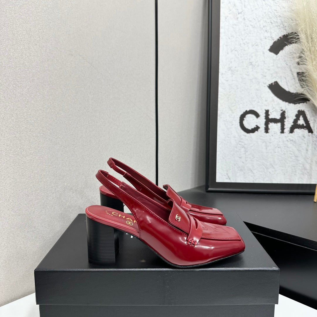 CHANEL 26S SLINGBACK LOAFER PUMPS IN DARK RED PATENT CALFSKIN