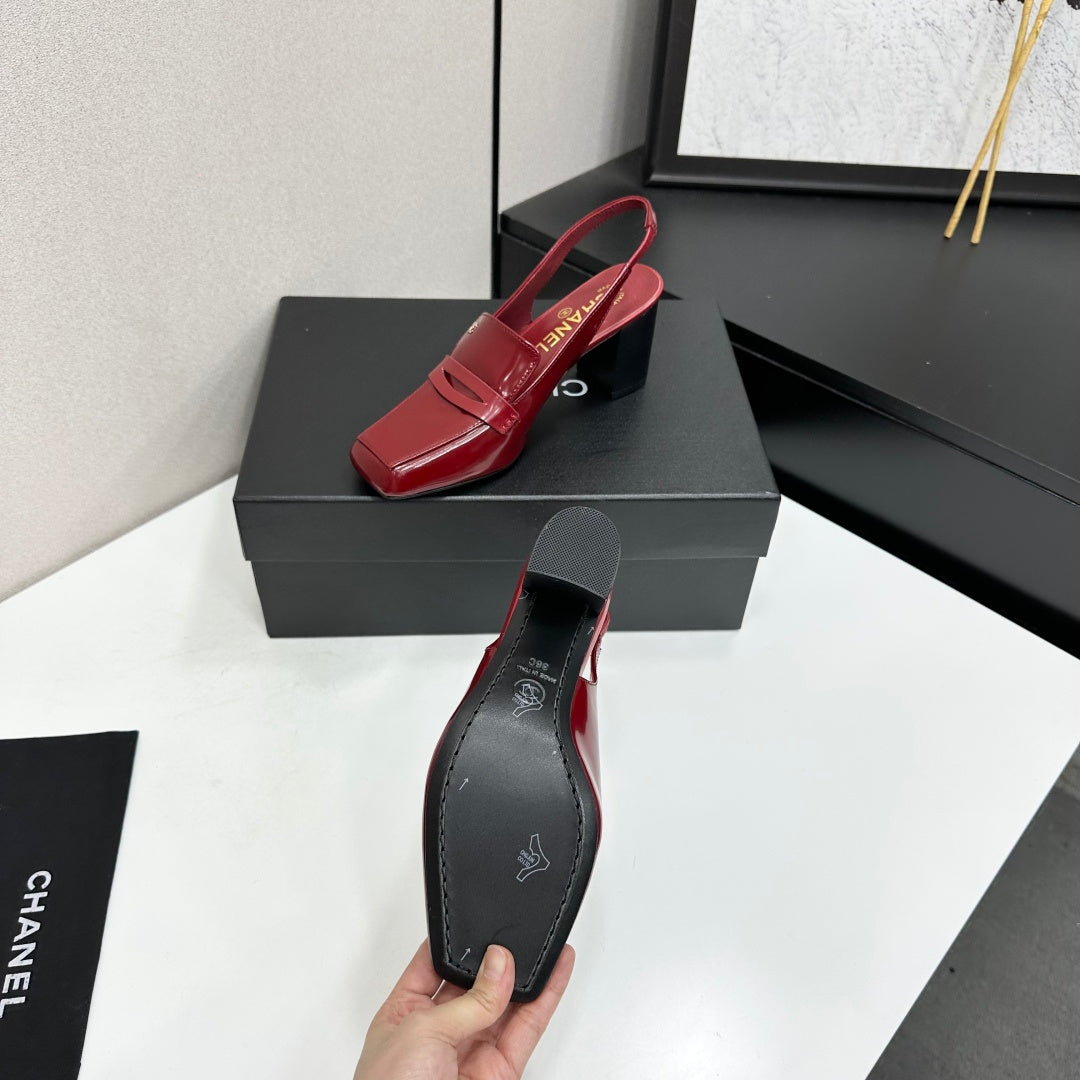 CHANEL 26S SLINGBACK LOAFER PUMPS IN DARK RED PATENT CALFSKIN