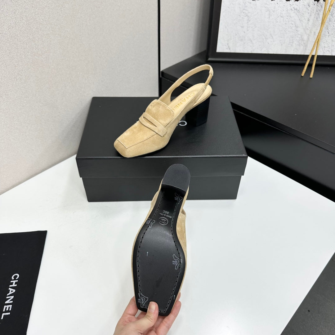 CHANEL 26S SLINGBACK LOAFER PUMPS IN BEIGE SUEDE