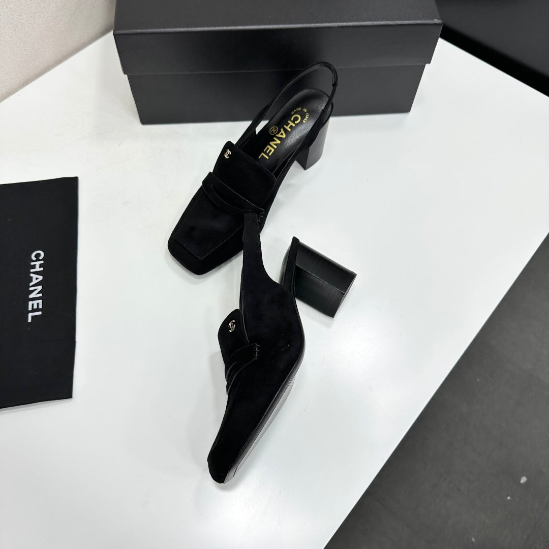 CHANEL 26S SLINGBACK LOAFER PUMPS IN BLACK SUEDE
