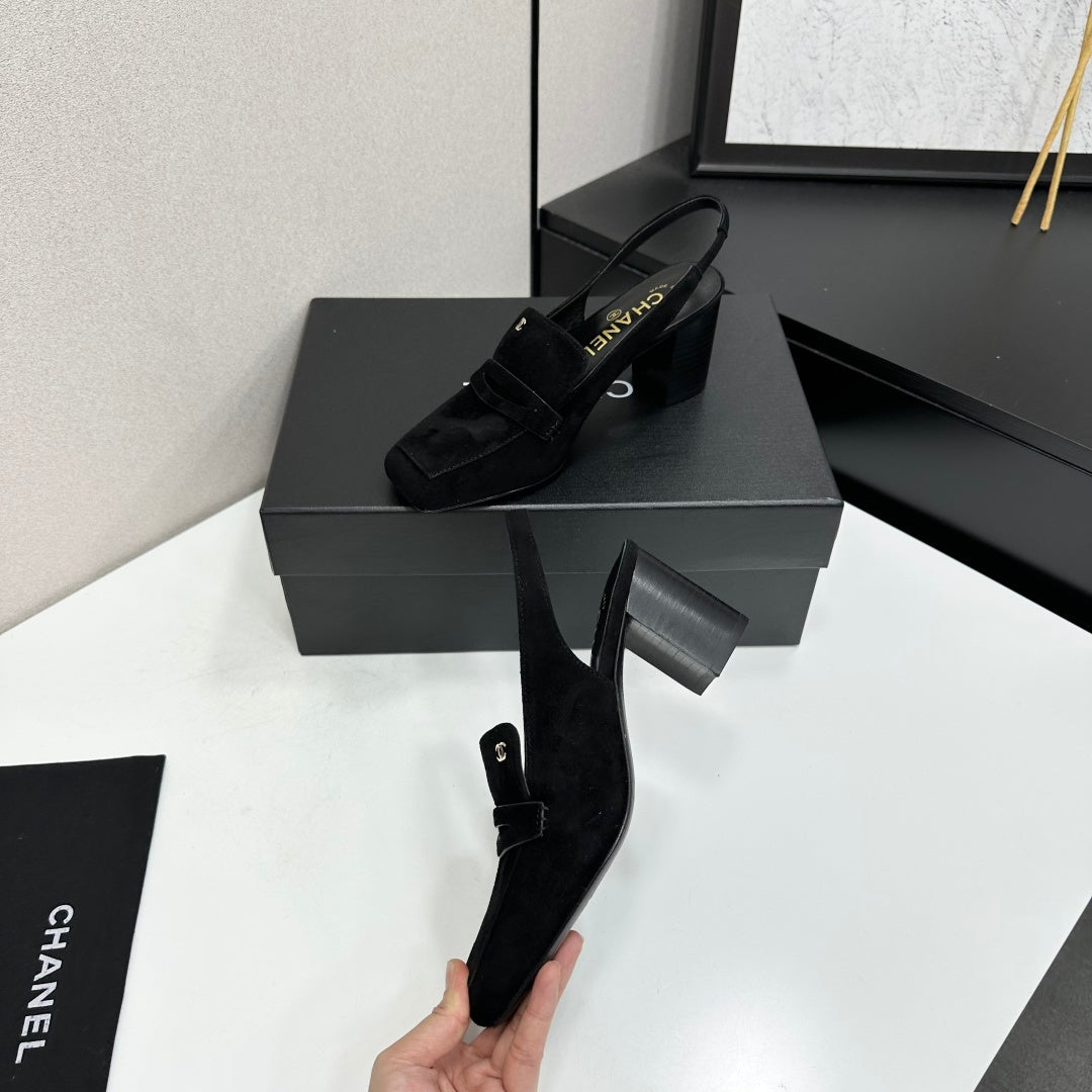 CHANEL 26S SLINGBACK LOAFER PUMPS IN BLACK SUEDE