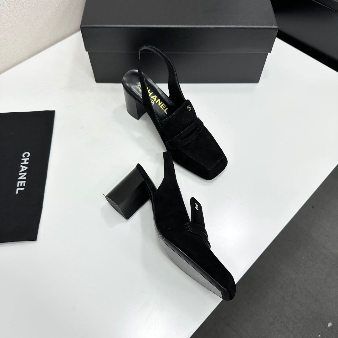 CHANEL 26S SLINGBACK LOAFER PUMPS IN BLACK SUEDE