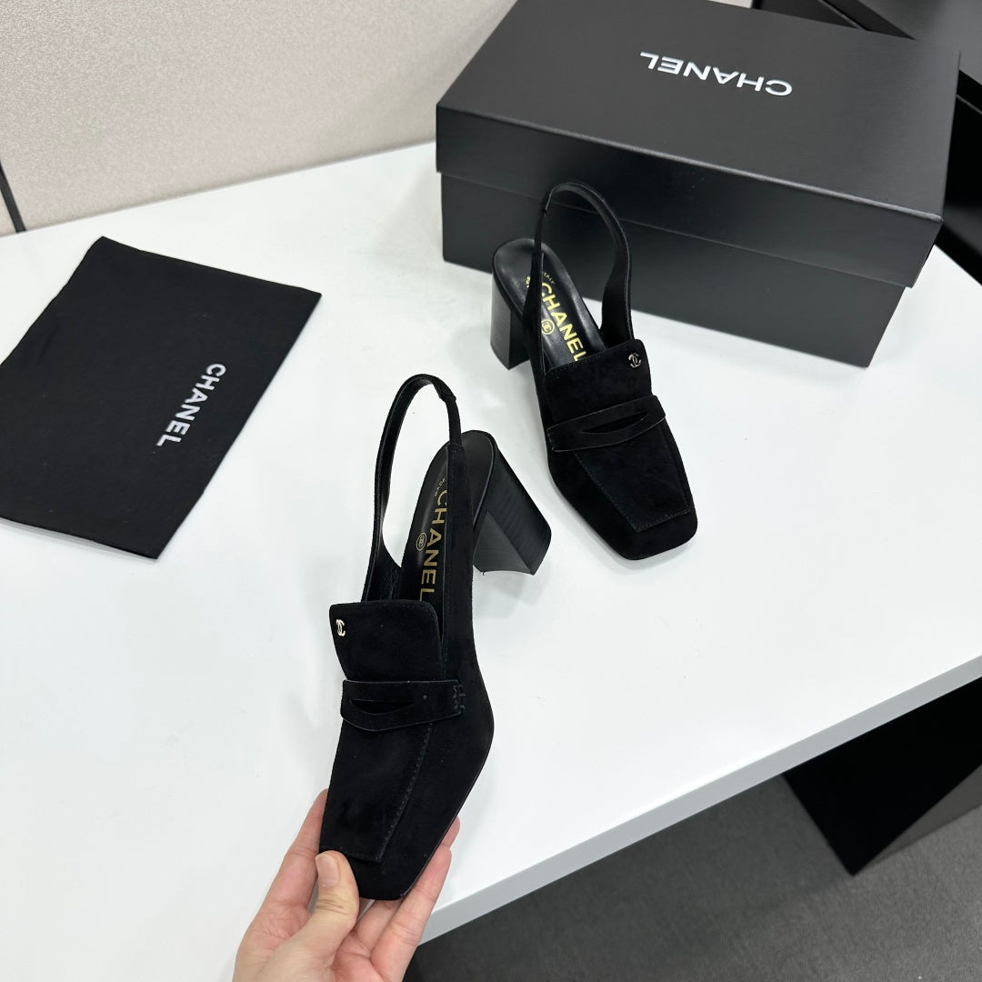 CHANEL 26S SLINGBACK LOAFER PUMPS IN BLACK SUEDE