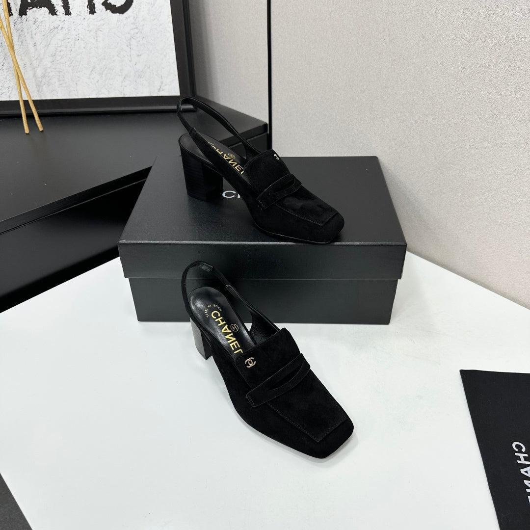CHANEL 26S SLINGBACK LOAFER PUMPS IN BLACK SUEDE