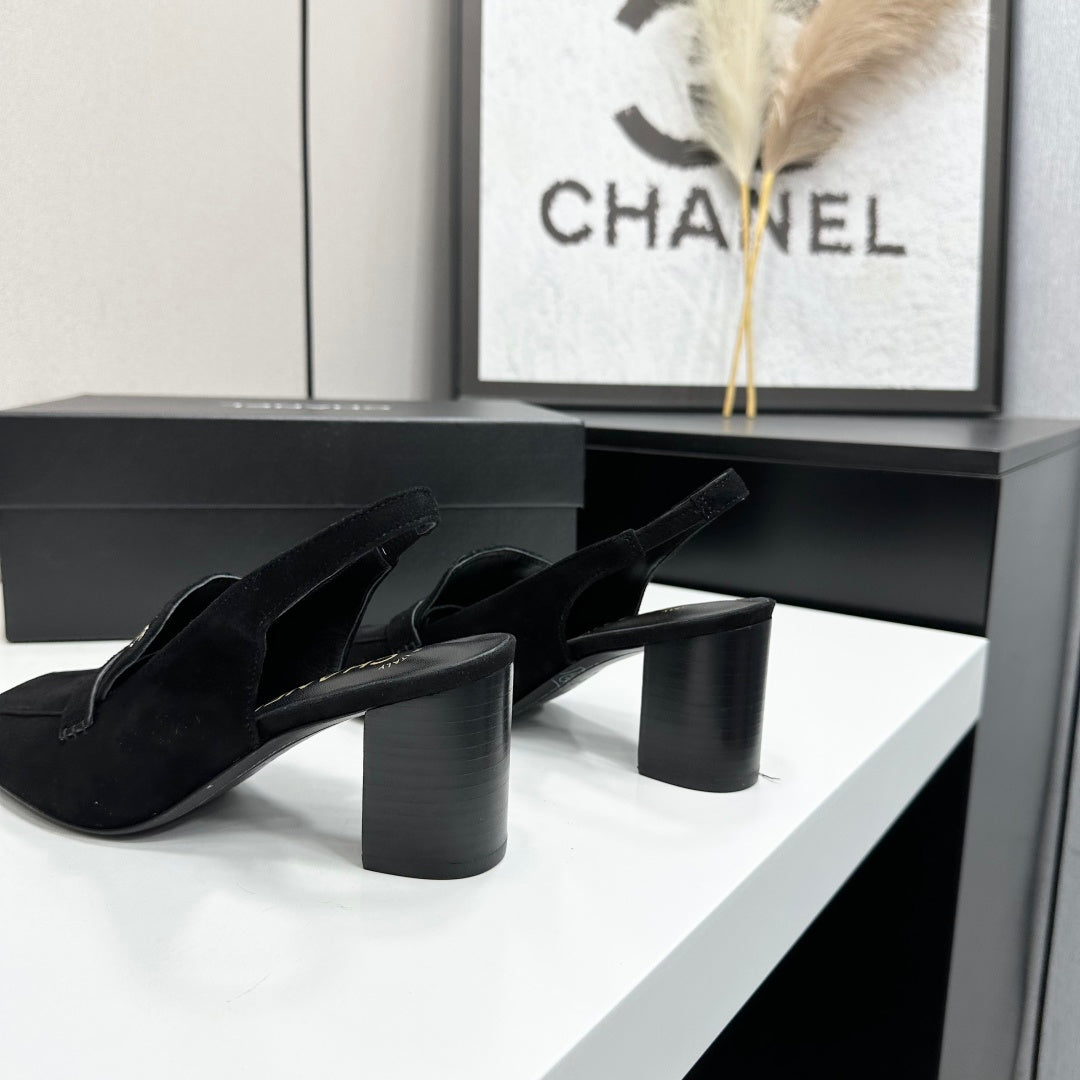 CHANEL 26S SLINGBACK LOAFER PUMPS IN BLACK SUEDE