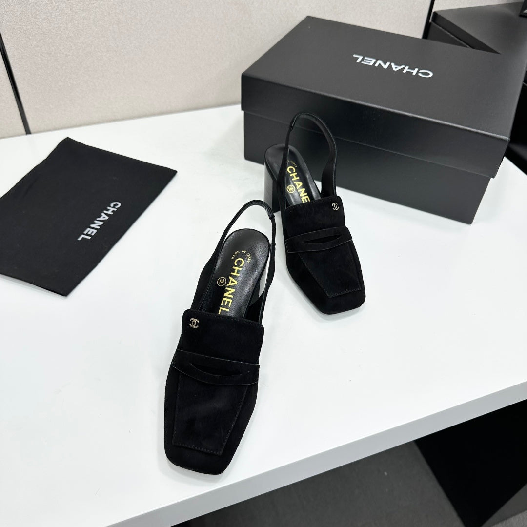 CHANEL 26S SLINGBACK LOAFER PUMPS IN BLACK SUEDE