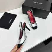 CHANEL 26S HIGH HEEL SLINGBACK IN SILVER LAMBSKIN AND BLACK PATENT CALFSKIN