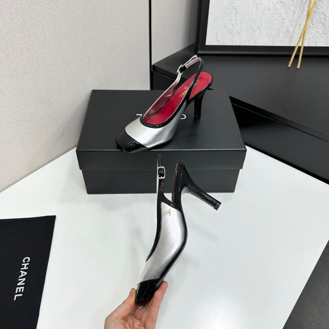 CHANEL 26S HIGH HEEL SLINGBACK IN SILVER LAMBSKIN AND BLACK PATENT CALFSKIN