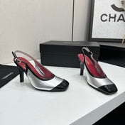 CHANEL 26S HIGH HEEL SLINGBACK IN SILVER LAMBSKIN AND BLACK PATENT CALFSKIN