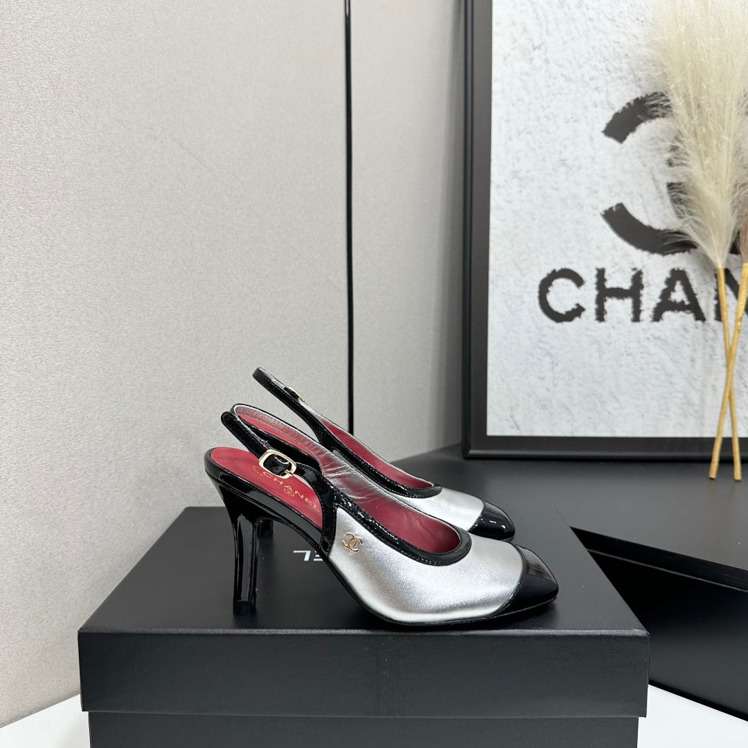 CHANEL 26S HIGH HEEL SLINGBACK IN SILVER LAMBSKIN AND BLACK PATENT CALFSKIN