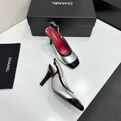 CHANEL 26S HIGH HEEL SLINGBACK IN SILVER LAMBSKIN AND BLACK PATENT CALFSKIN