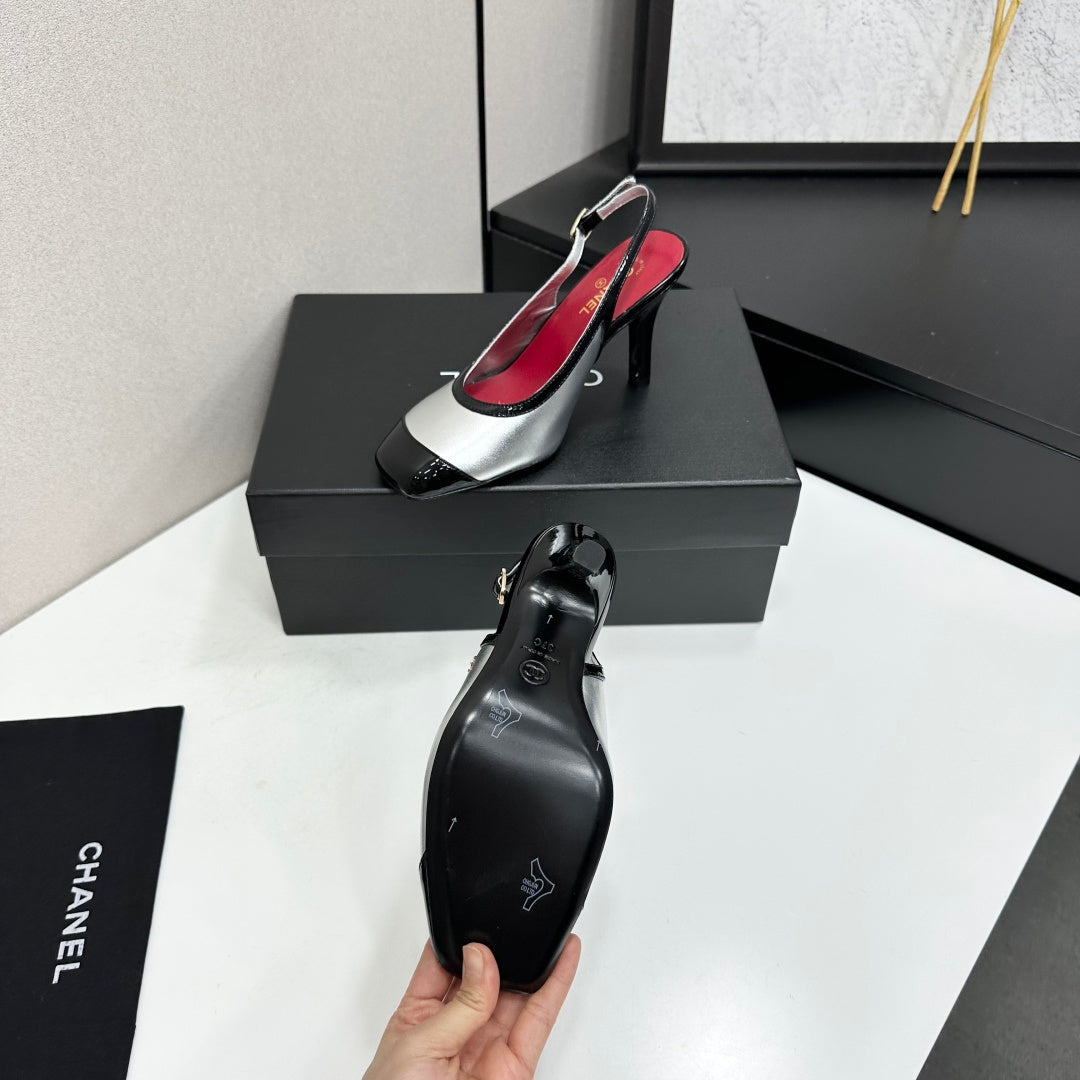 CHANEL 26S HIGH HEEL SLINGBACK IN SILVER LAMBSKIN AND BLACK PATENT CALFSKIN