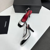 CHANEL 26S HIGH HEEL SLINGBACK IN SILVER LAMBSKIN AND BLACK PATENT CALFSKIN