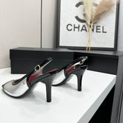 CHANEL 26S HIGH HEEL SLINGBACK IN SILVER LAMBSKIN AND BLACK PATENT CALFSKIN