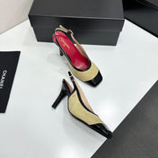CHANEL 26S HIGH HEEL SLINGBACK IN BEIGE SUEDE AND BLACK PATENT CALFSKIN