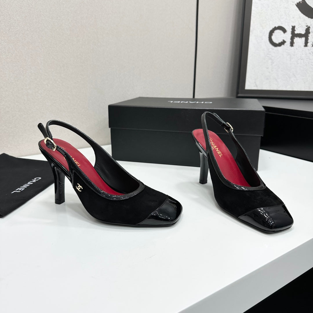 CHANEL 26S HIGH HEEL SLINGBACK PUMPS IN BLACK SUEDE