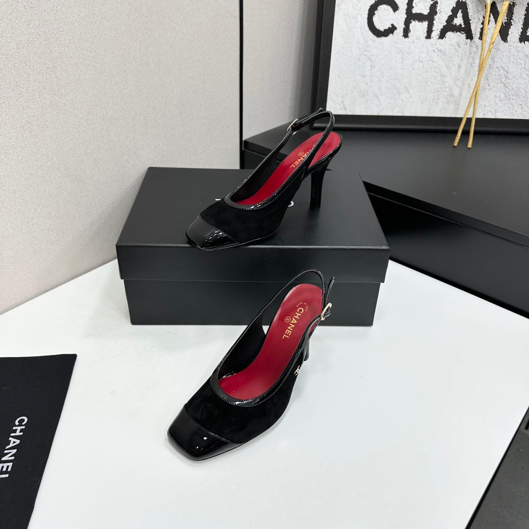CHANEL 26S HIGH HEEL SLINGBACK PUMPS IN BLACK SUEDE