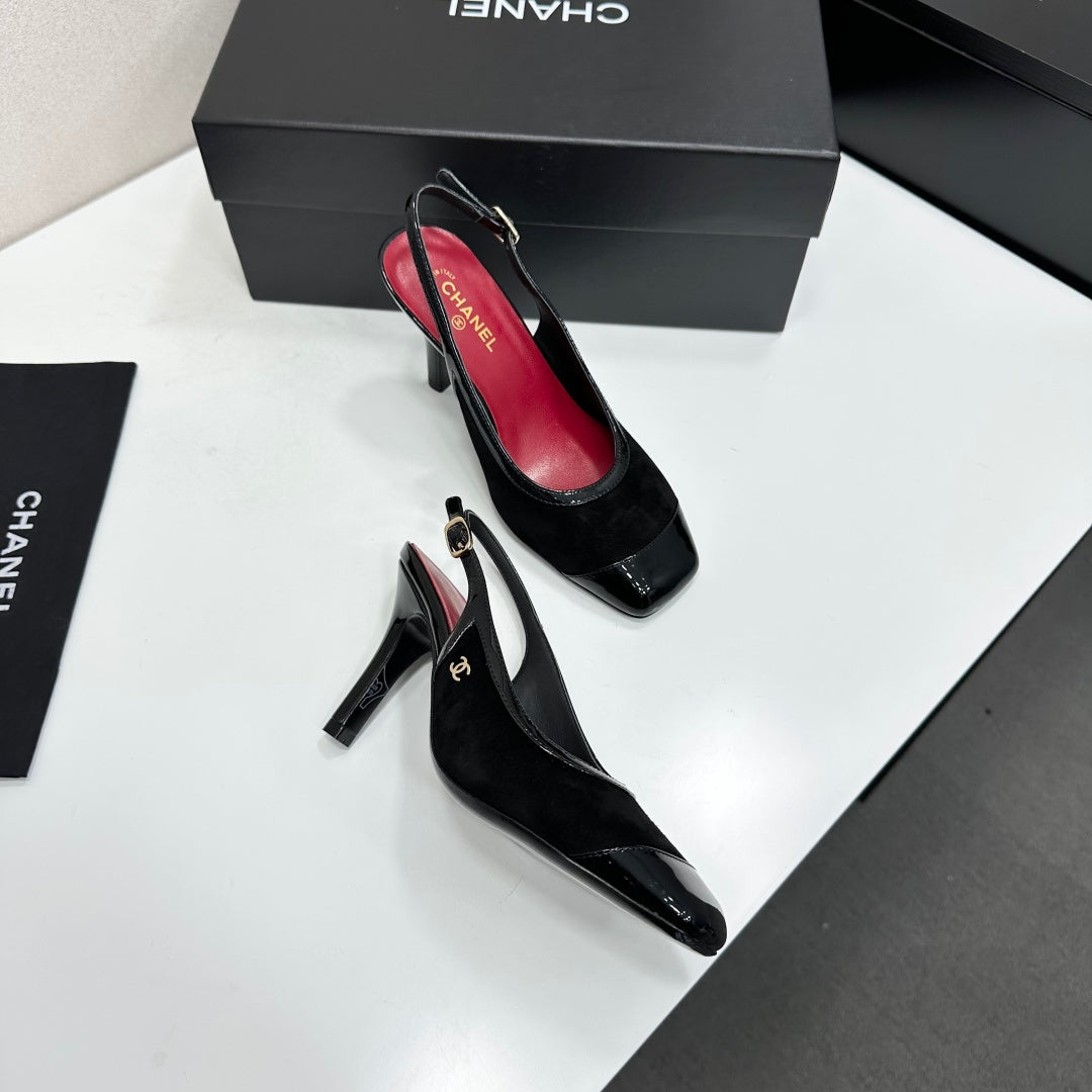 CHANEL 26S HIGH HEEL SLINGBACK PUMPS IN BLACK SUEDE