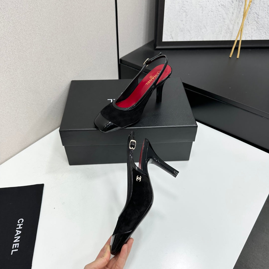 CHANEL 26S HIGH HEEL SLINGBACK PUMPS IN BLACK SUEDE