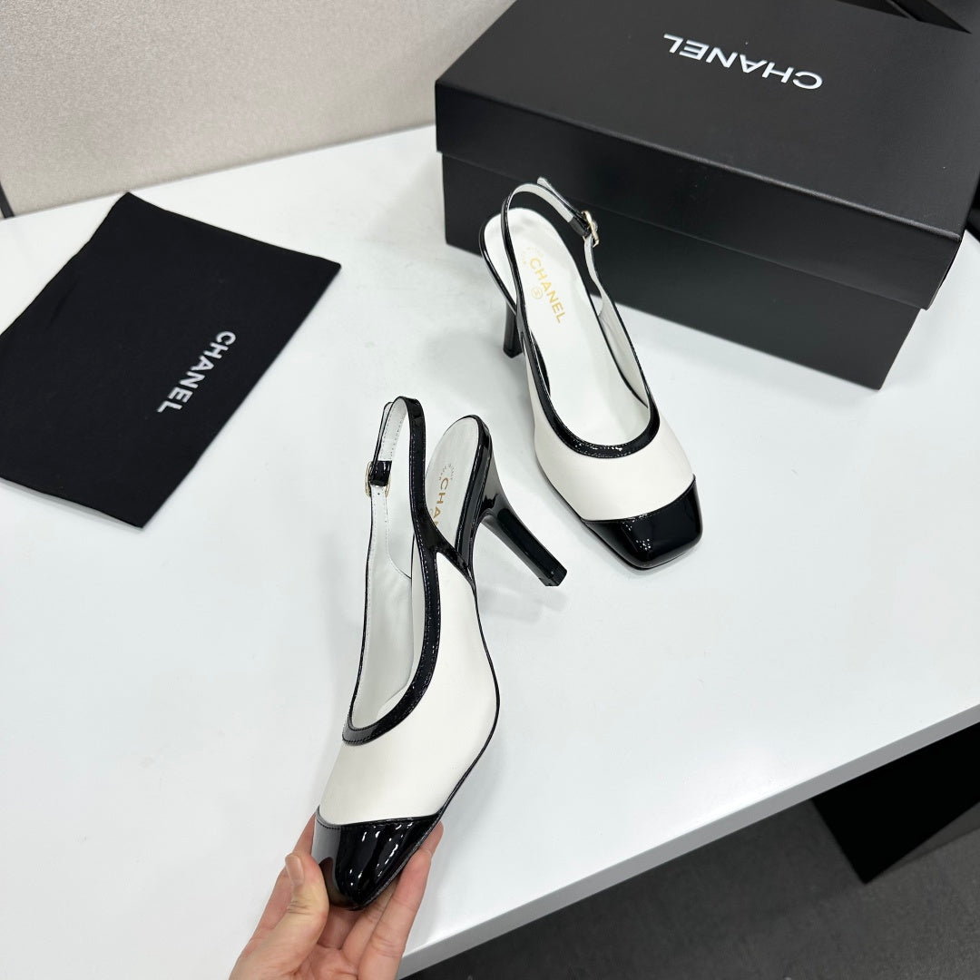 CHANEL 26S HIGH HEEL SLINGBACK IN WHITE LAMBSKIN AND BLACK PATENT CALFSKIN
