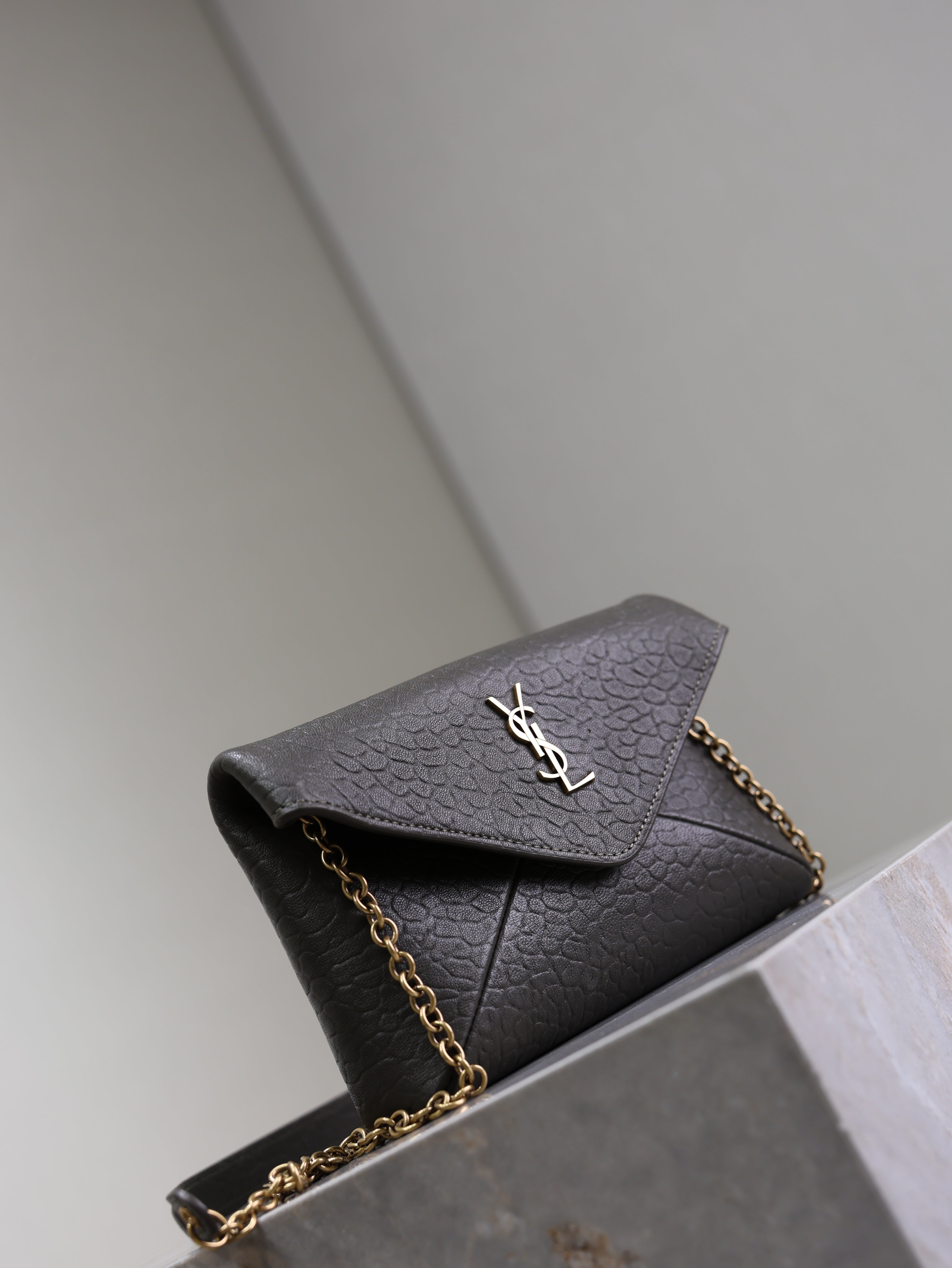 YSL 25S CALYPSO MINI 19 IN CHARCOAL GRAY LAMBSKIN GOLD HARDWRE