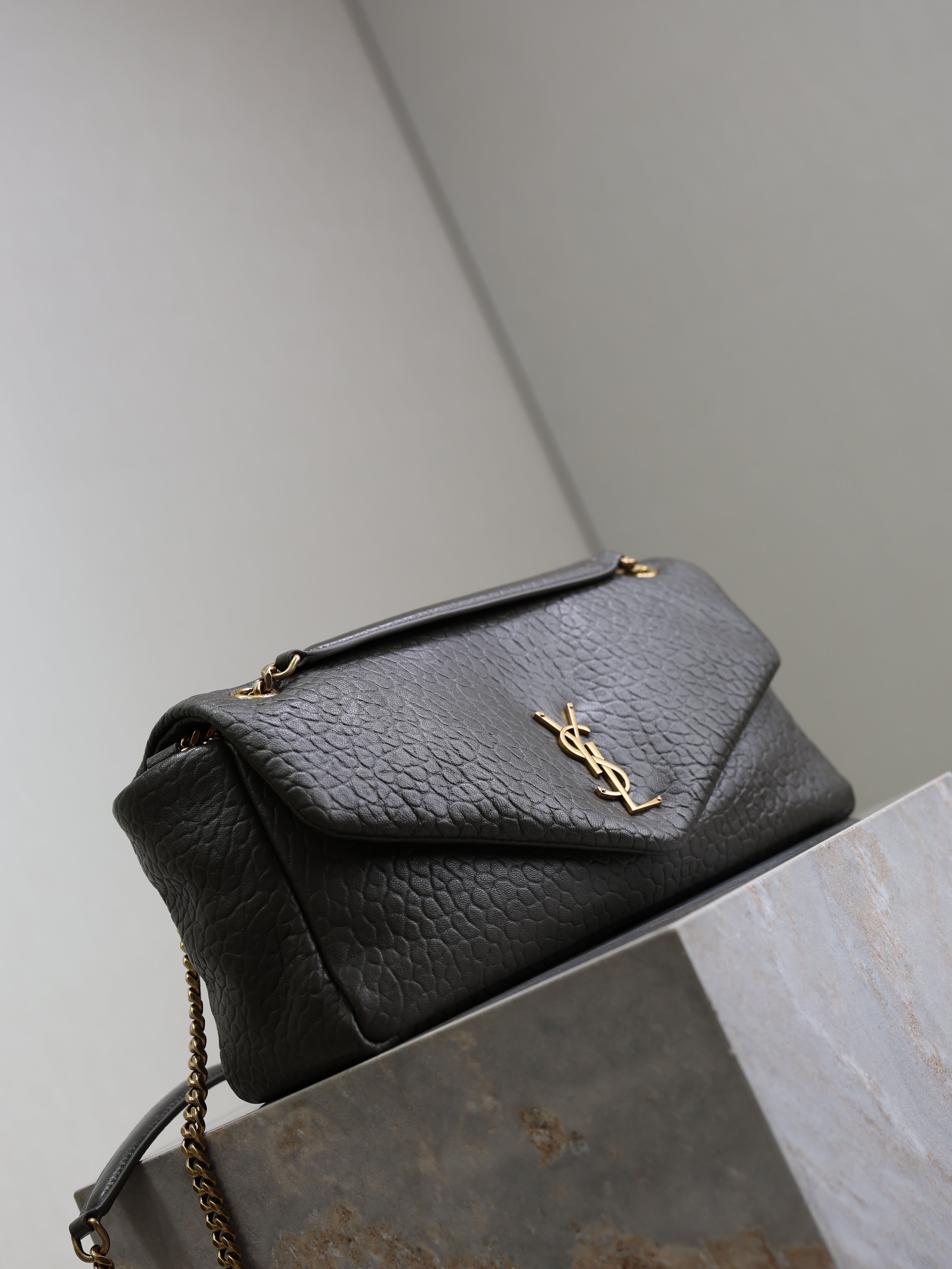 YSL 25S CALYPSO 30 IN DARK OLIVE GRAINED CALFSKIN GOLD HARDWARE