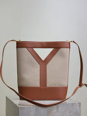 YSL 25S Y SMALL BUCKET 29 IN DESERT DUST AND BRICK CANVAS GOLD HARDWARE