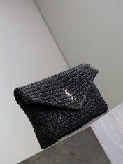 YSL 25S CASSANDRE LARGE ENVELOPE POUCH 29 IN BLACK RAFFIA GOLD HARDWRE