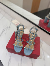 VALENTINO 26S STUDDED HIGH HEEL SANDALS 90 MM IN SKY BLUE CALFSKIN