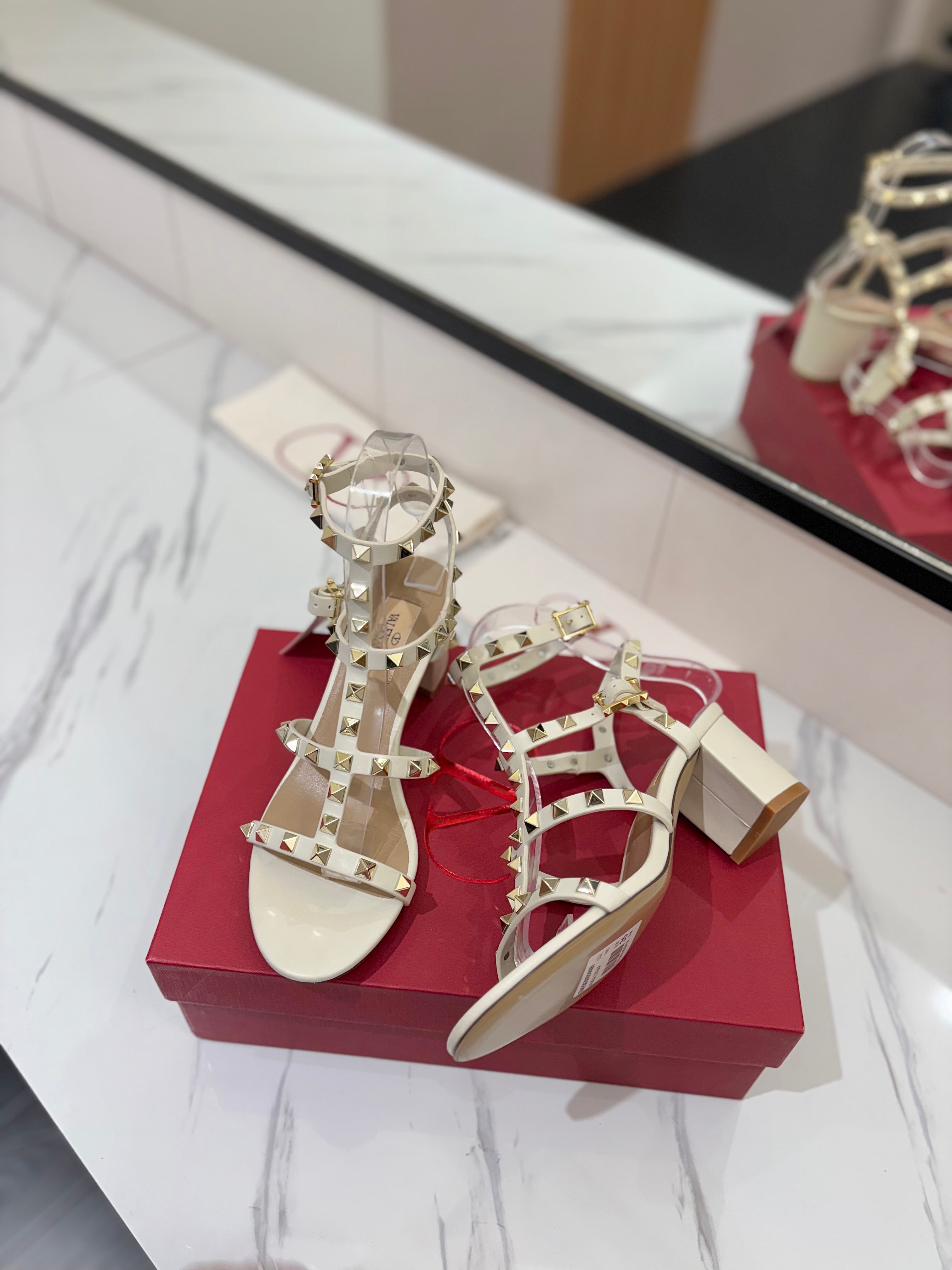 VALENTINO 26S STUDDED HIGH HEEL SANDALS 65 MM IN CREAM WHITE CALFSKIN