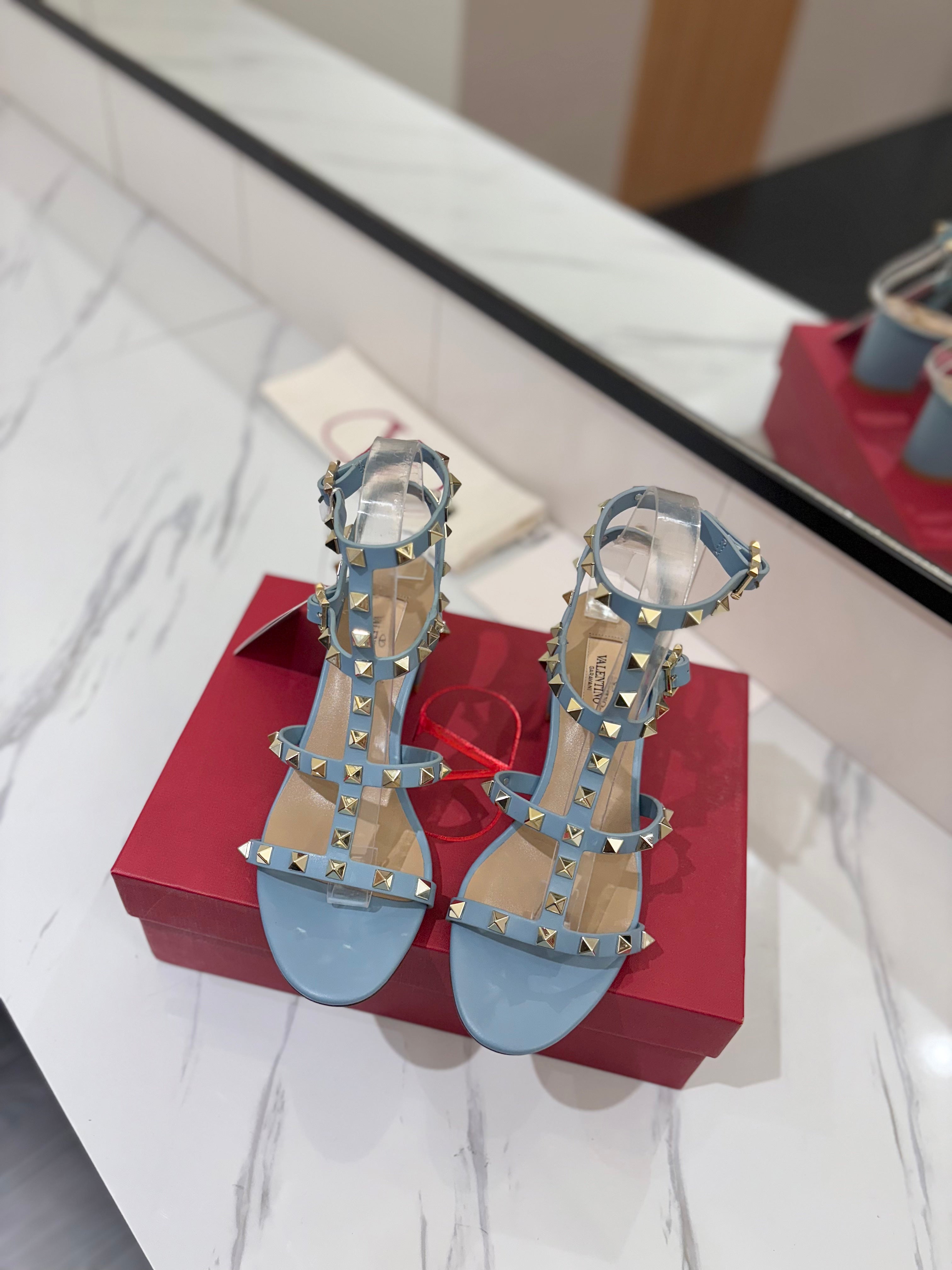VALENTINO 26S STUDDED HIGH HEEL SANDALS 65 MM IN SKY BLUE CALFSKIN