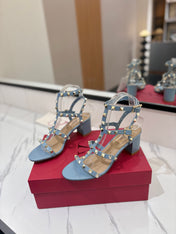 VALENTINO 26S STUDDED HIGH HEEL SANDALS 65 MM IN SKY BLUE CALFSKIN