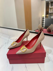 VALENTINO 26S HIGH HEELS 75 MM IN BEIGE SMOOTH CALFSKIN WITH GOLD HARDWARE