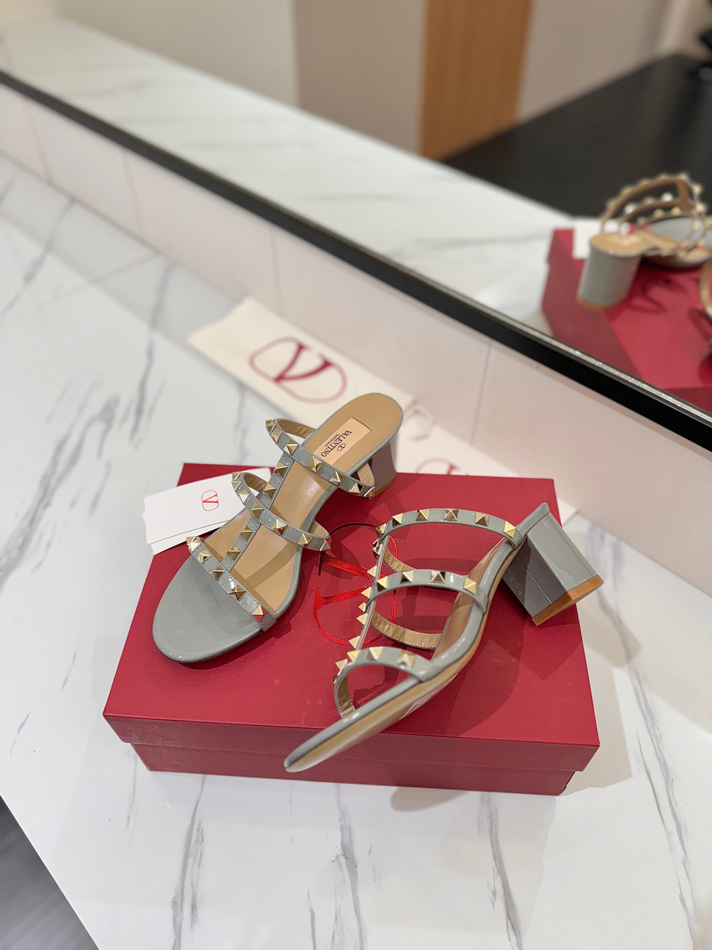 VALENTINO 26S HEELED SANDALS 60 MM IN LIGHT GREY CALFSKIN WITH GOLD STUDS