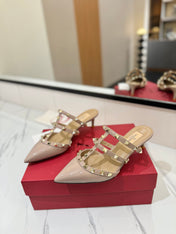 VALENTINO 26S STUDDED HEELED MULES 50 MM IN NUDE PATENT CALFSKIN