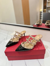 VALENTINO 26S STUDDED HEELED MULES 50 MM IN BLACK PATENT CALFSKIN