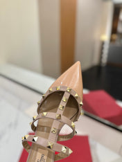 VALENTINO 26S STUDDED HEELED MULES 50 MM IN BEIGE PINK PATENT CALFSKIN