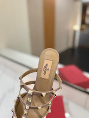 VALENTINO 26S STUDDED HEELED MULES 50 MM IN DARK RED PATENT CALFSKIN