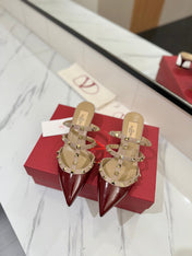 VALENTINO 26S STUDDED HEELED MULES 50 MM IN DARK RED PATENT CALFSKIN