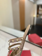 VALENTINO 26S STUDDED FLAT MULES IN WHITE PATENT CALFSKIN